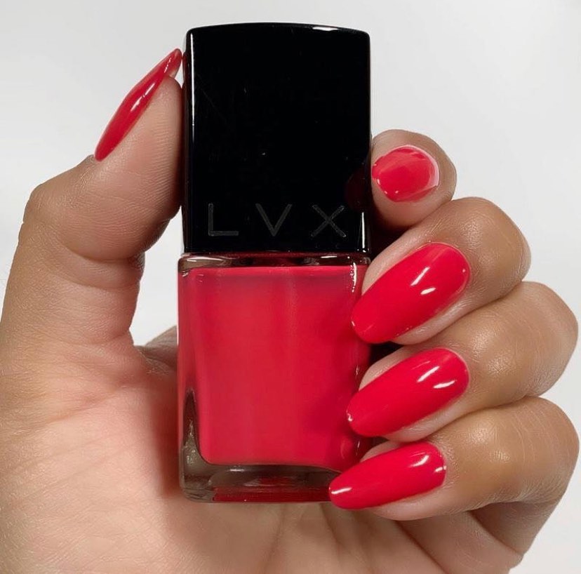 Cruelty free nail polish brand LVX, color CERISE - red nails