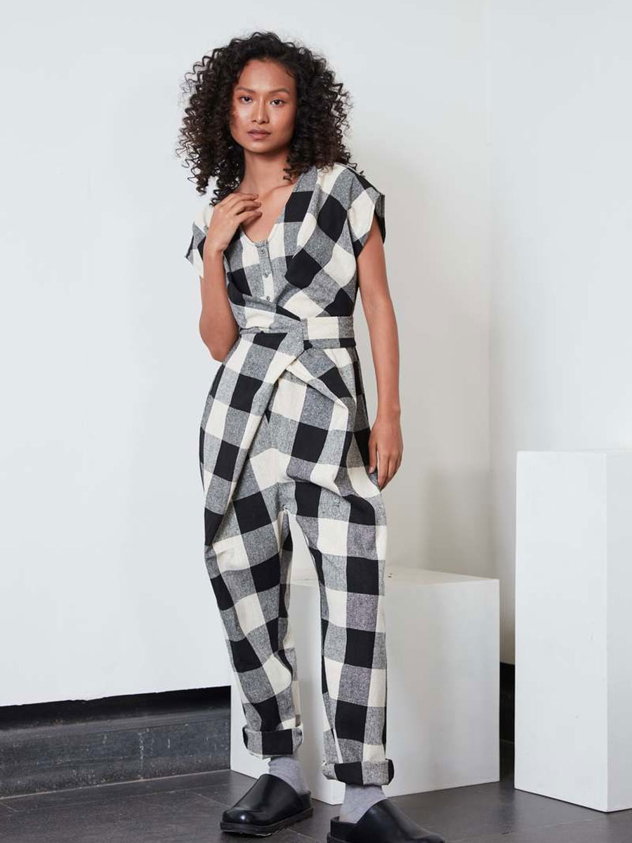 Black and white check wrap jumpsuit by Rujuta Sheth