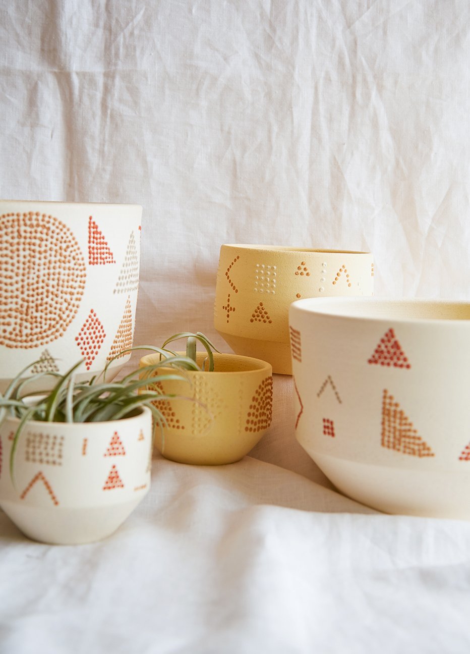 Heidi Anderson Pots have handpainted geometric motifs inspired by California.
