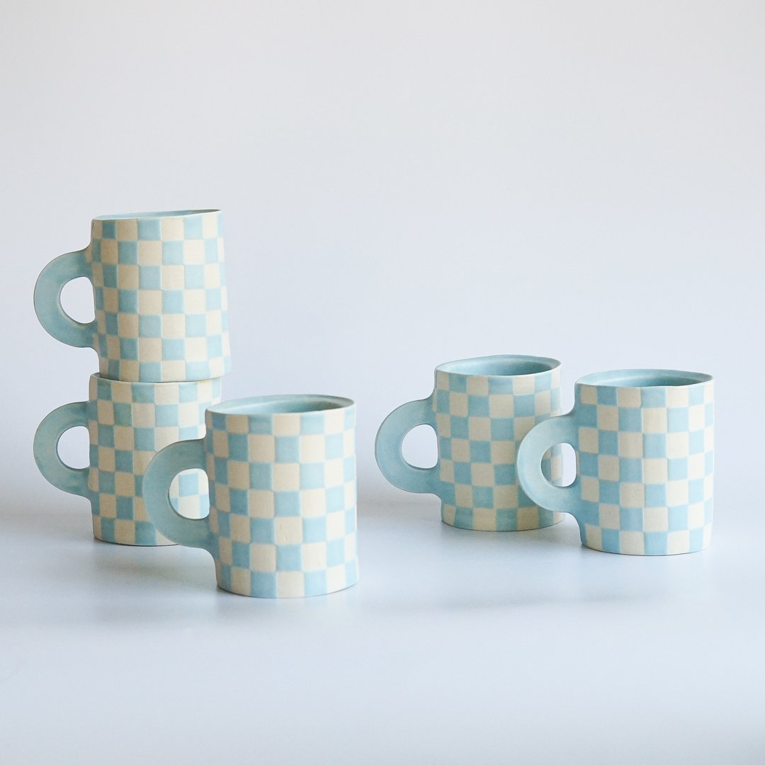Cute handmade mugs | Beige Motel slab-built checker mug from Mantel PDX.