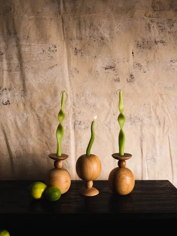 Ethical Fair Trade Home Decor Shop Quinta Esencia Studio Green twist candles with wood holders