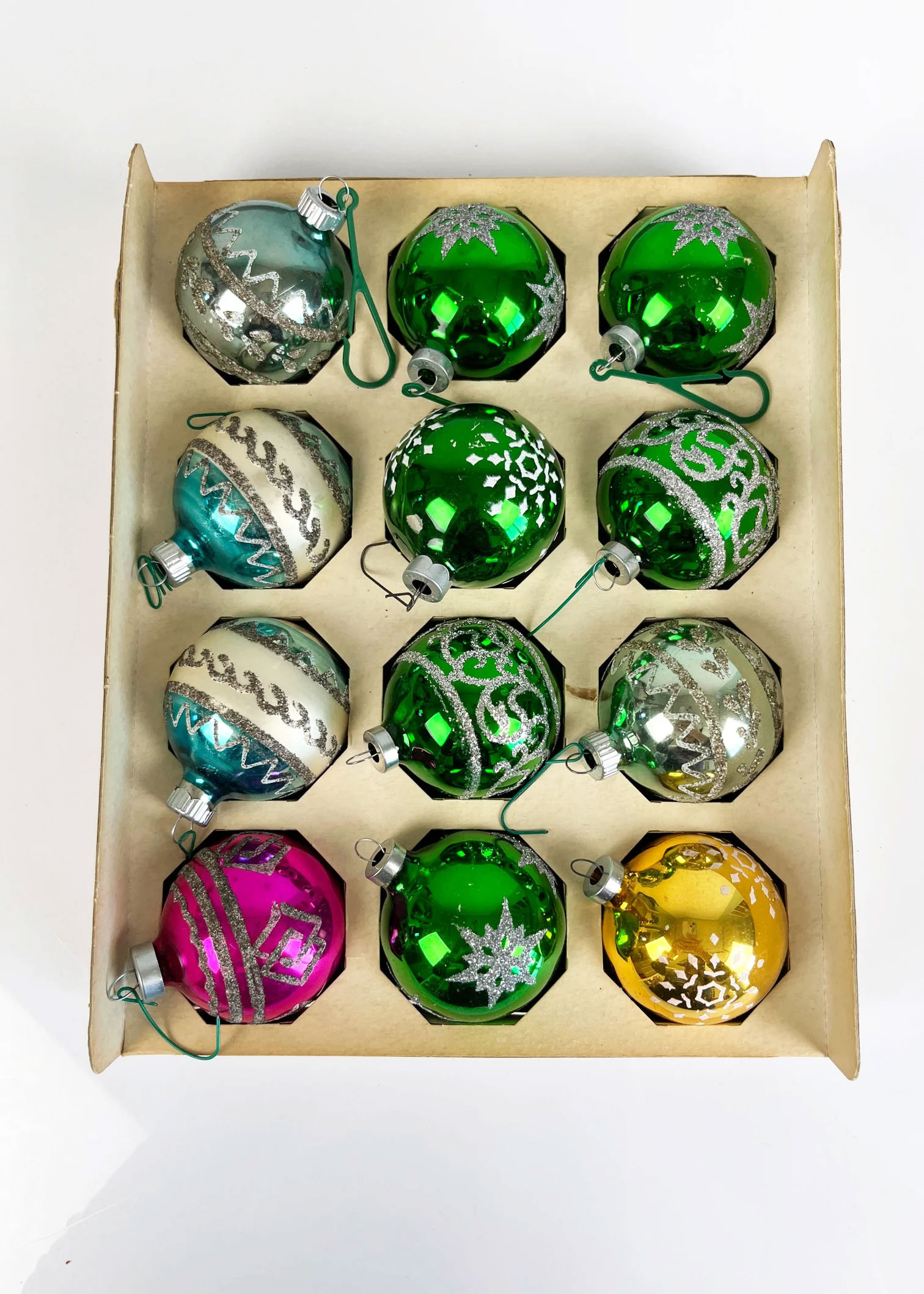 box of shiny brite vintage ornaments