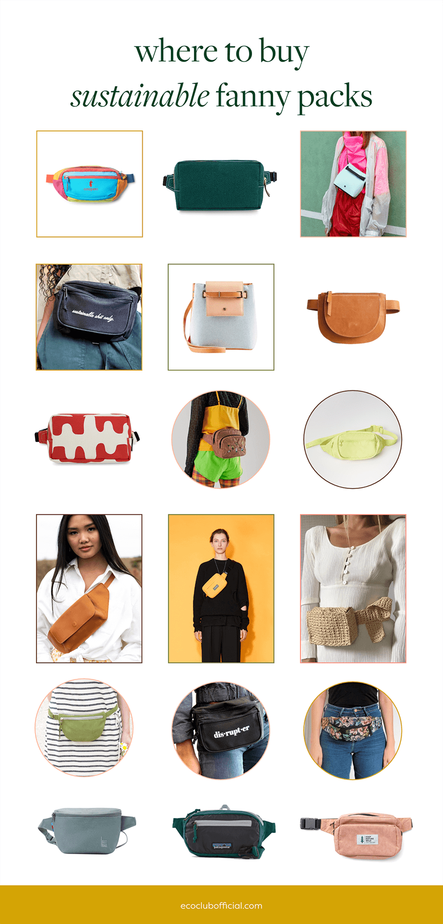 sustainable fanny pack collage featuring 18 belt bags | eco club