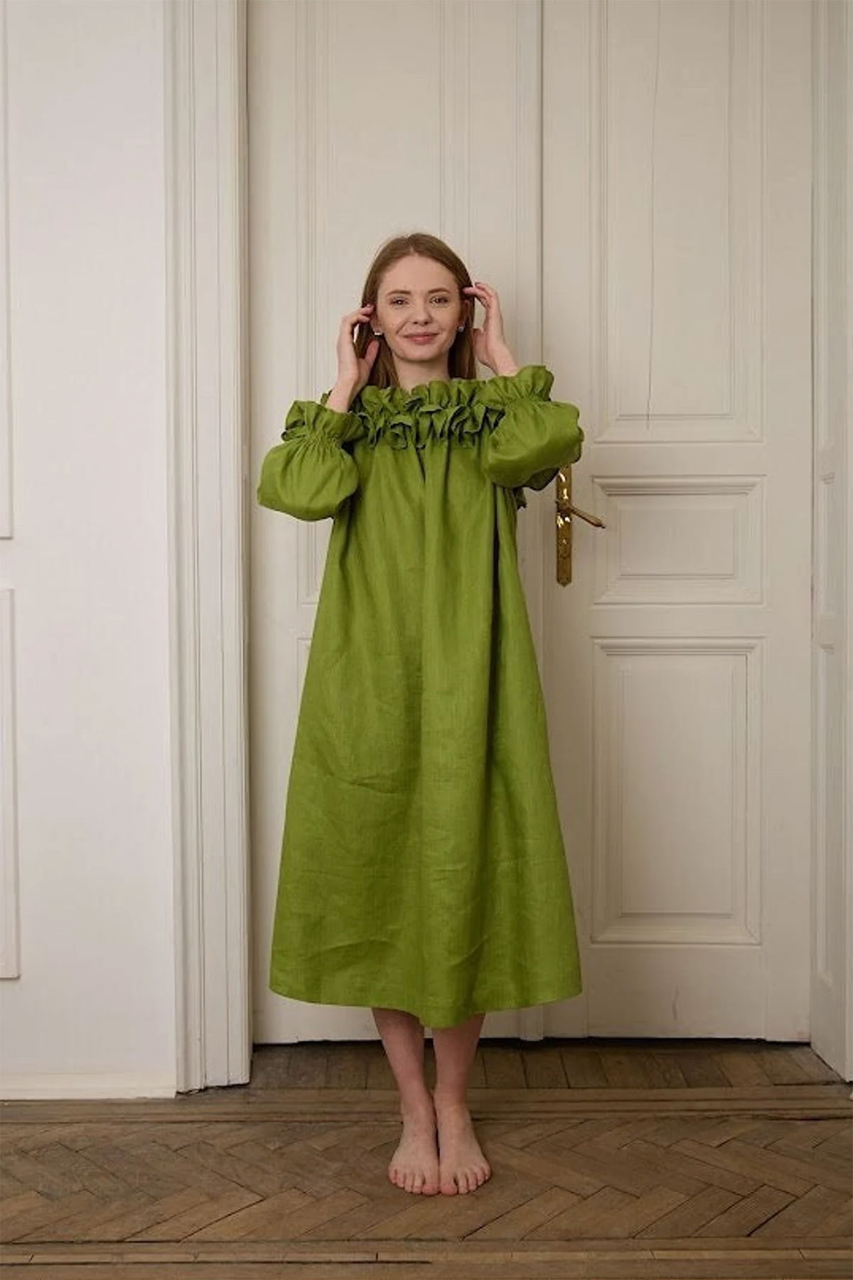 green ruffle linen dress for spring by Vakada store