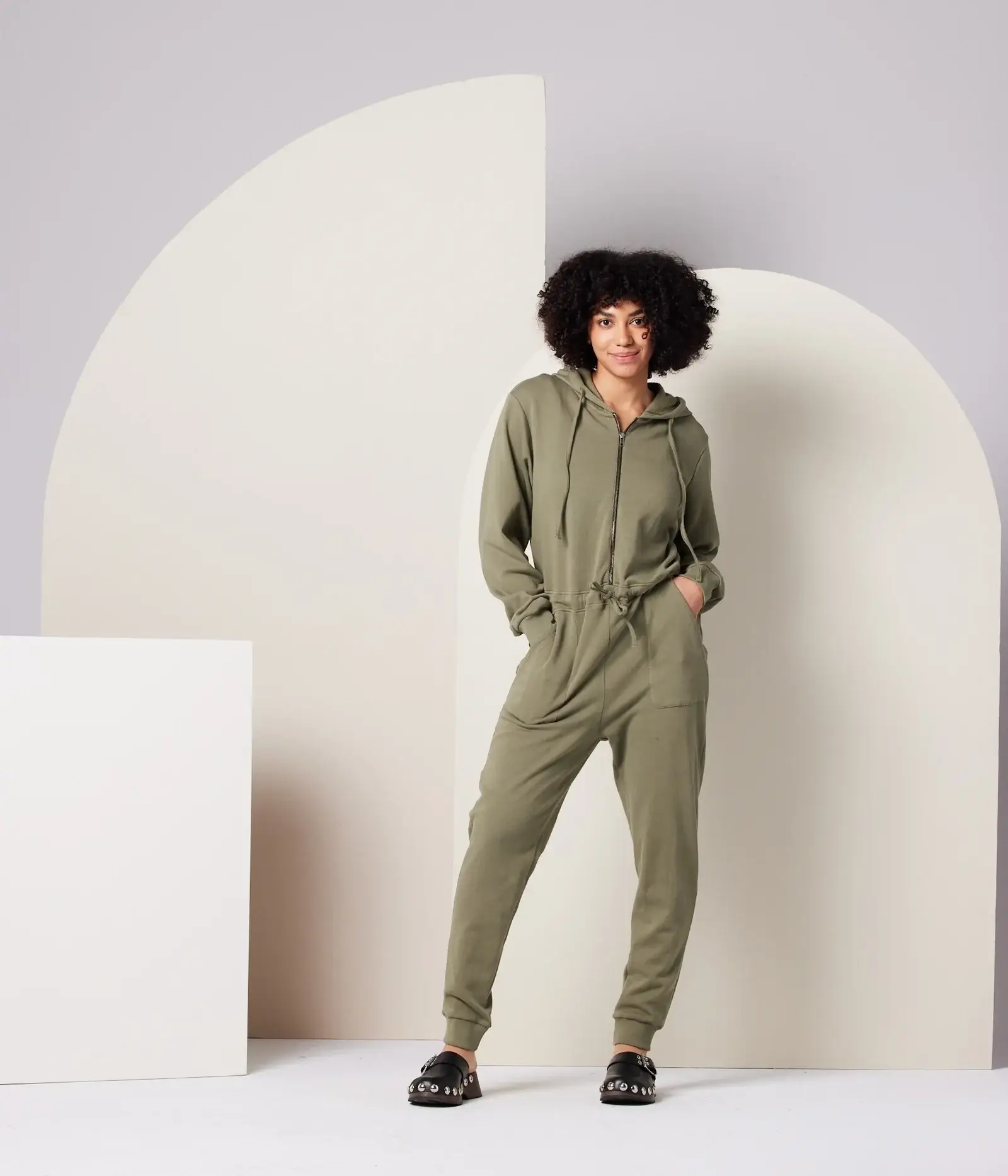 sweat organic cotton jumpsuit in army green by Known Supply