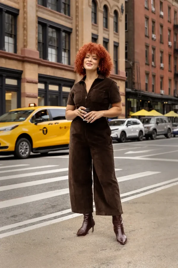 Mixed fall brown cord jumpsuit