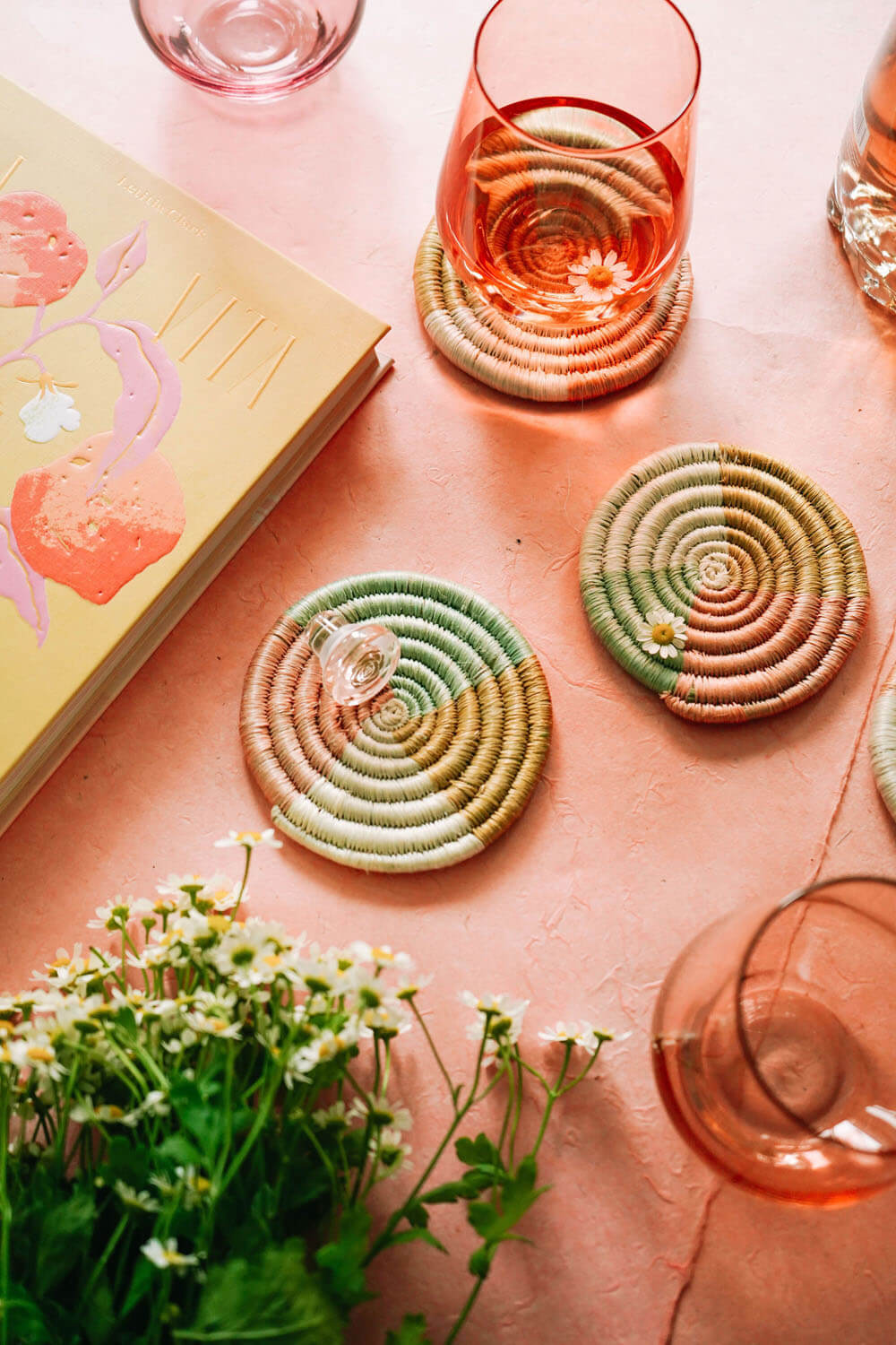 pastel tablescape & woven coasters by shop wallflower