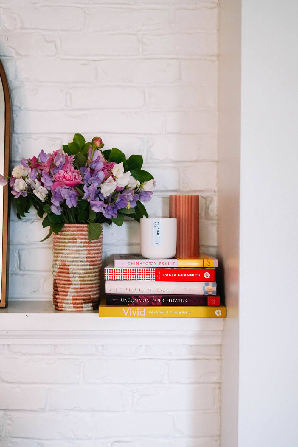 mantel decor with book stack