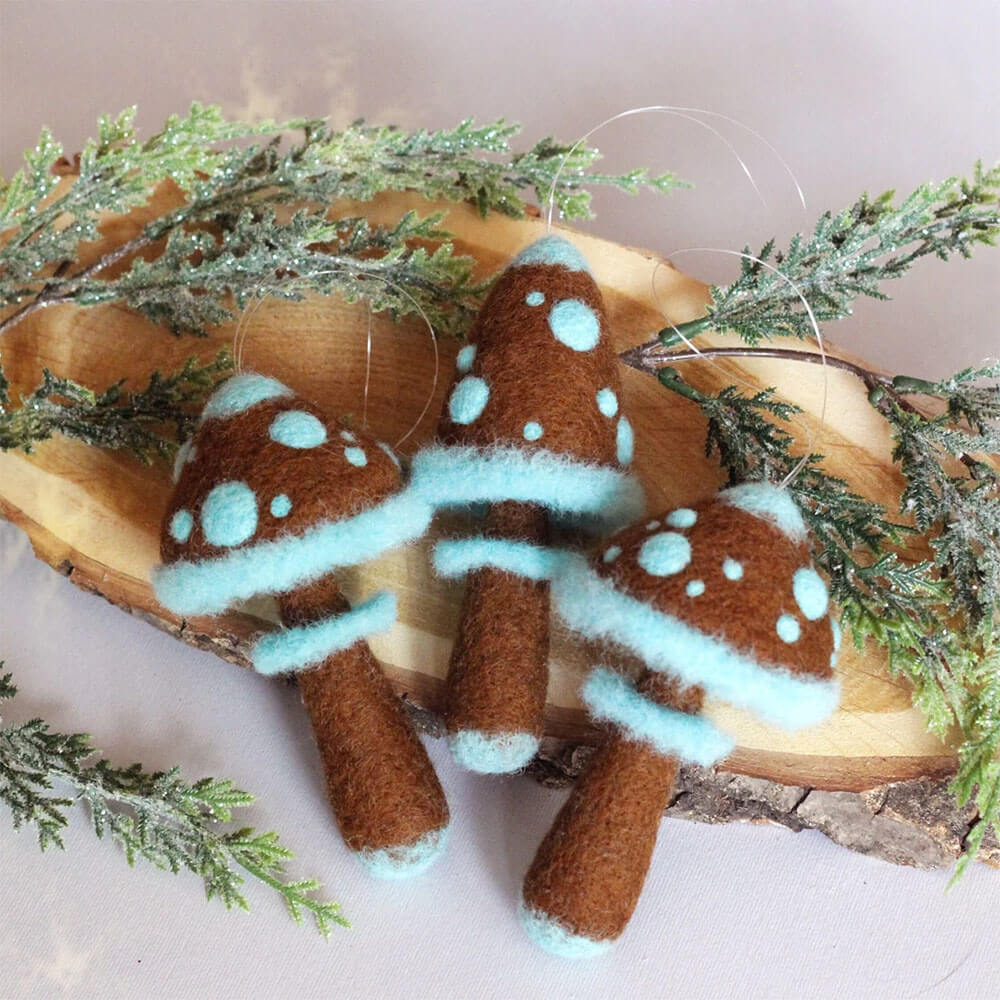 brown & aqua felted mushroom ornaments
