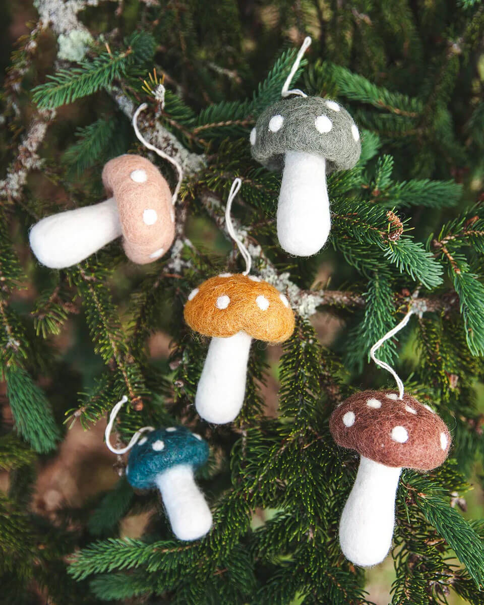 colorful felted wool mushroom ornaments