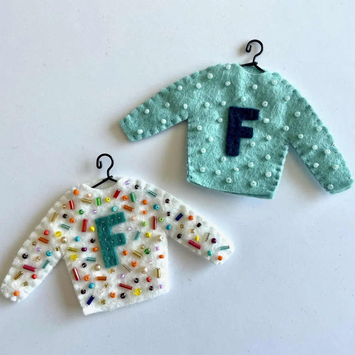 Letter F Monogram Sweater Ornament, Personalized Beaded Felt Christmas Decoration RebeccaMadeStudio