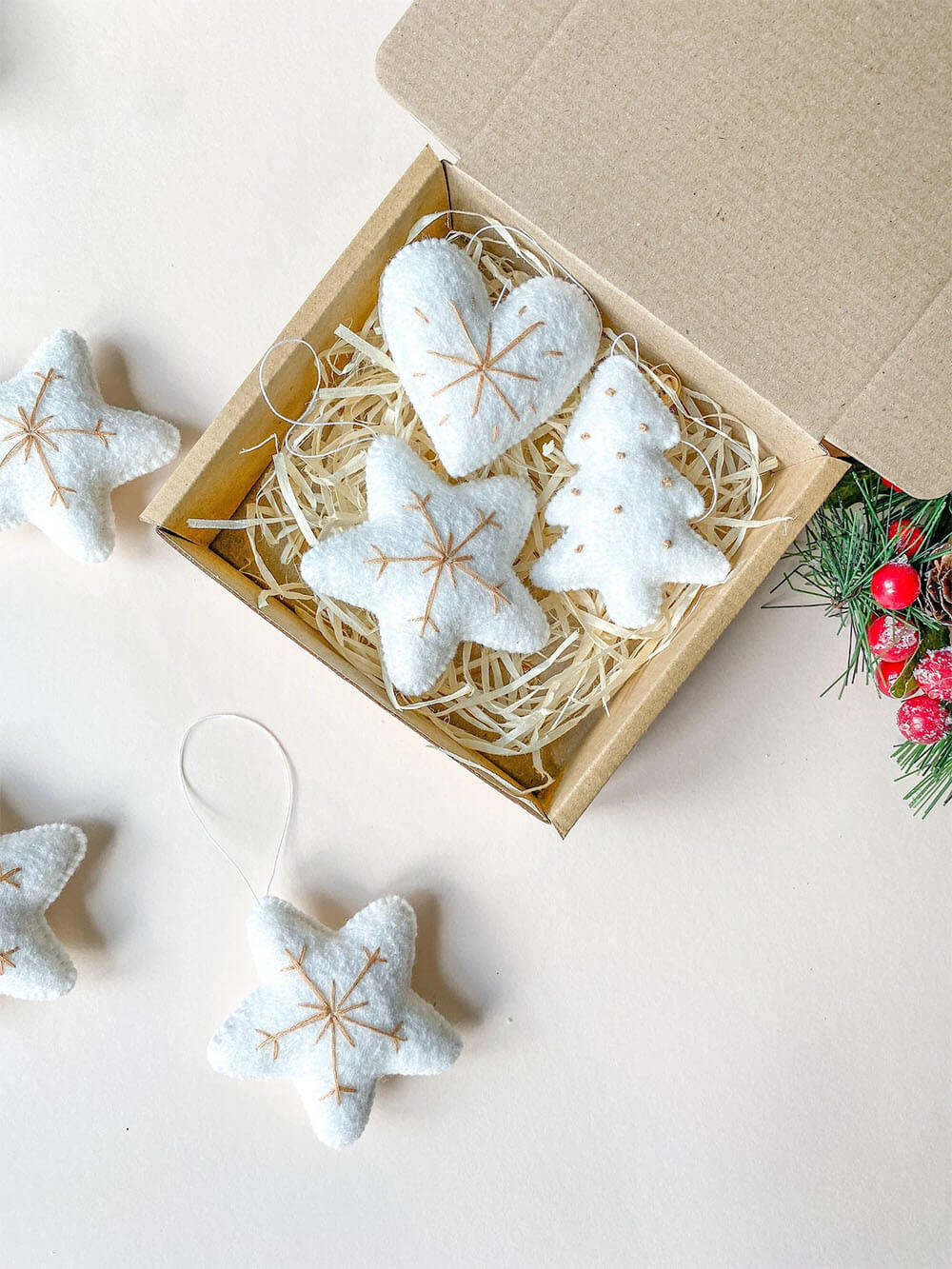white felted embroidery christmas ornaments