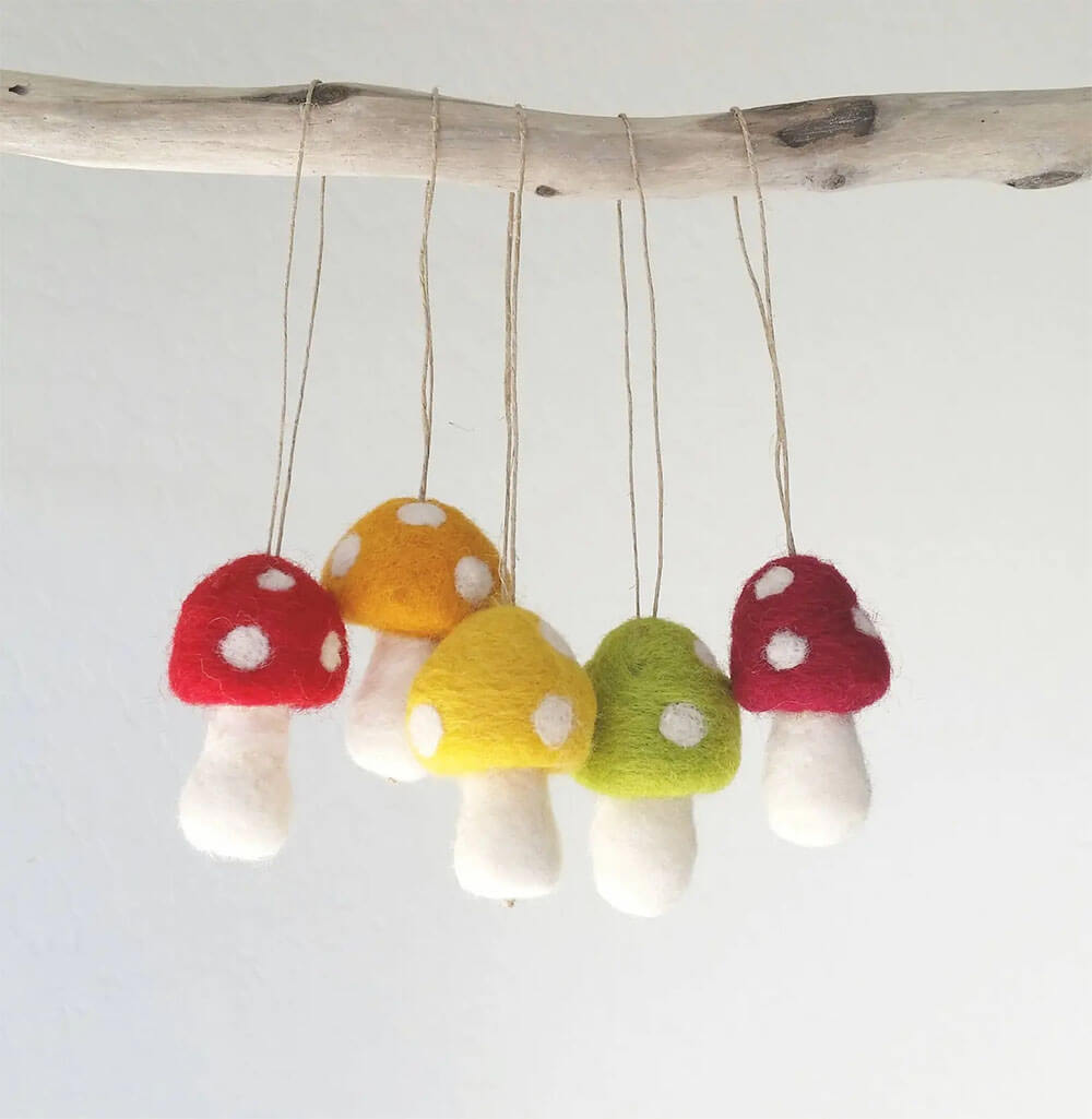 colorful felted woodland mushroom ornaments
