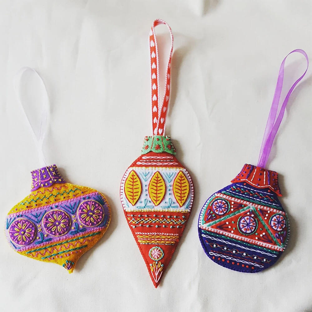 hand embroidered felt bauble ornaments