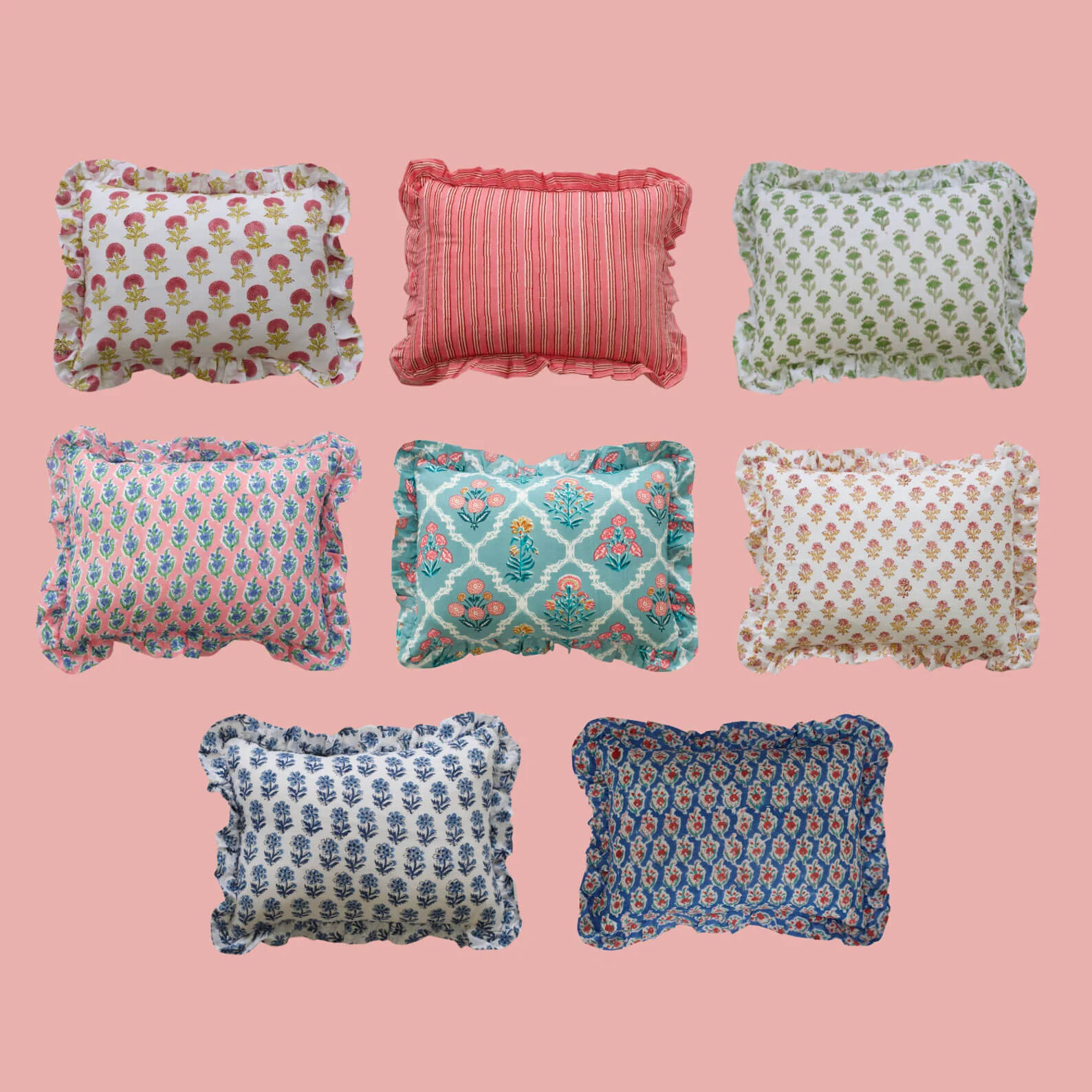 pinkcityhome ruffle cushions with block print patterns - sustainable gifts for christmas