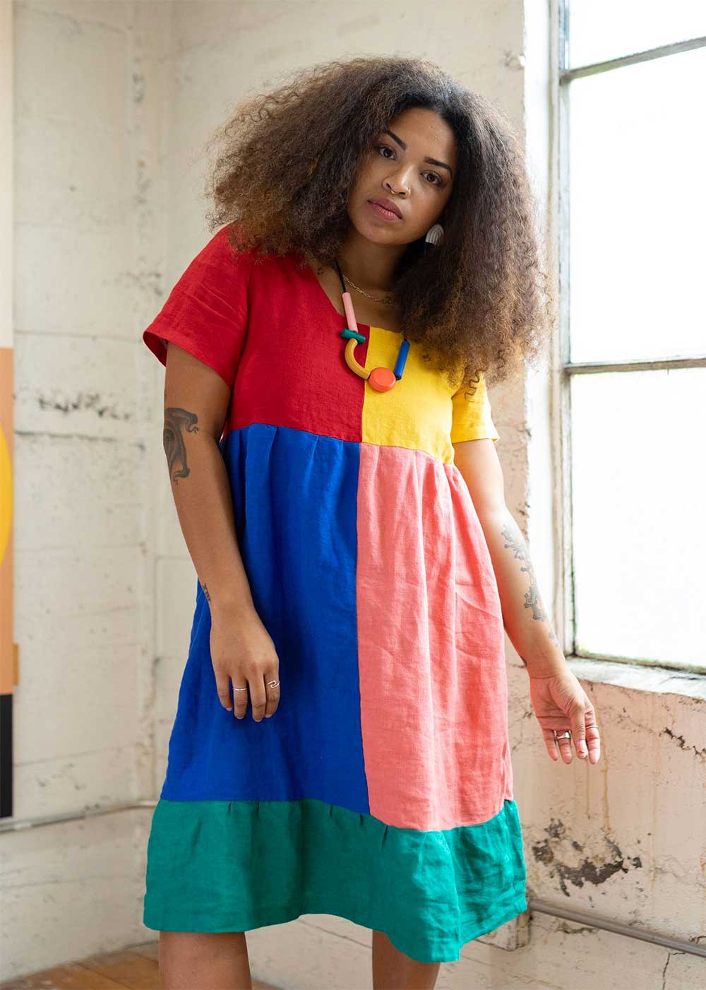 Rainbow colorblock dress by Portland slow fashion brand Ersa Fibers
