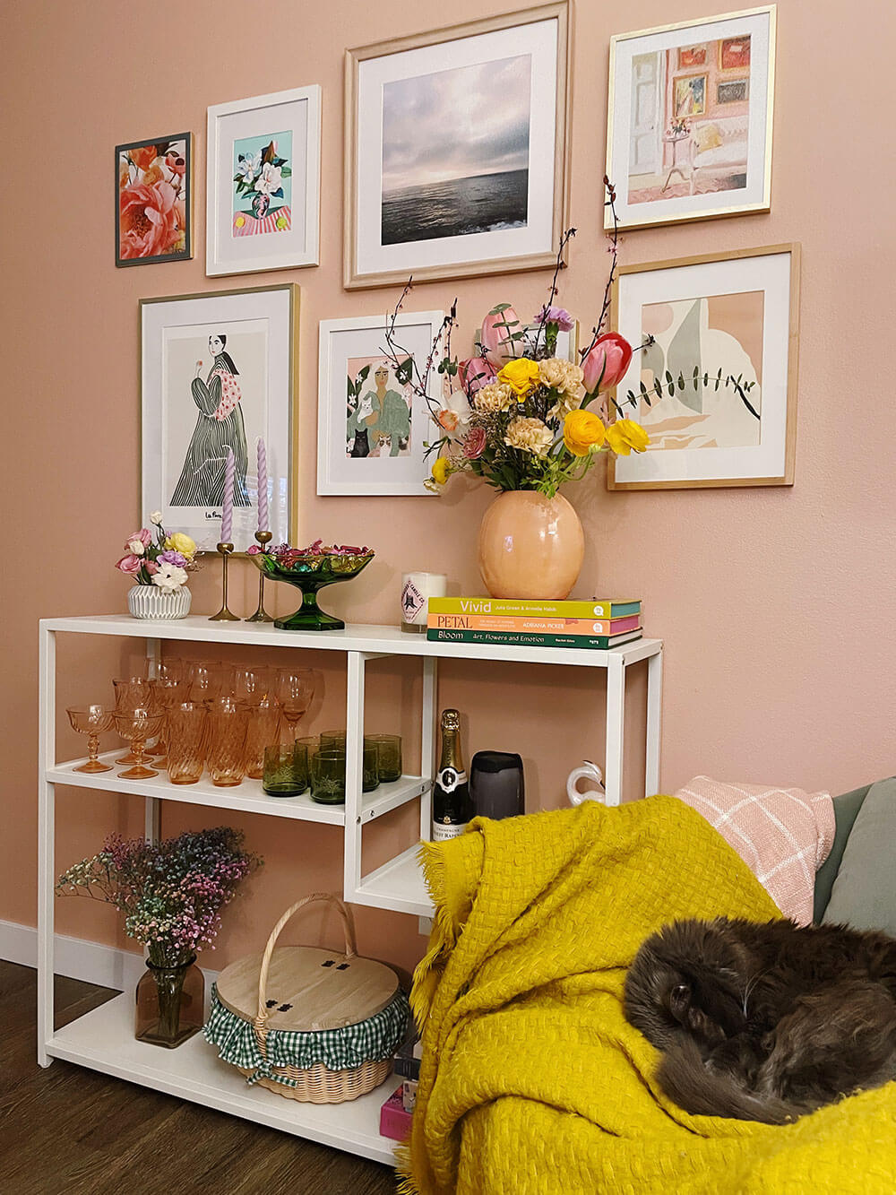 Pink accent wall with Clare Paint Meet Cute and gallery art wall