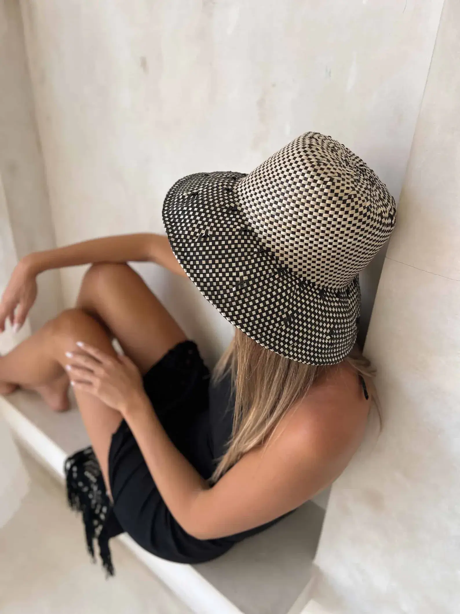 black and white straw beach bucket hat for summer