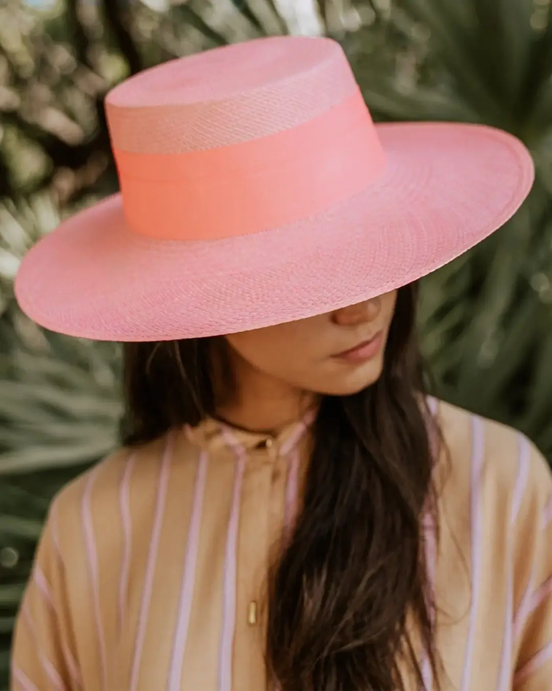 pink woven wide brim summer hat