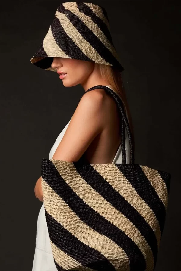 artisan striped black woven summer hat and tote bag
