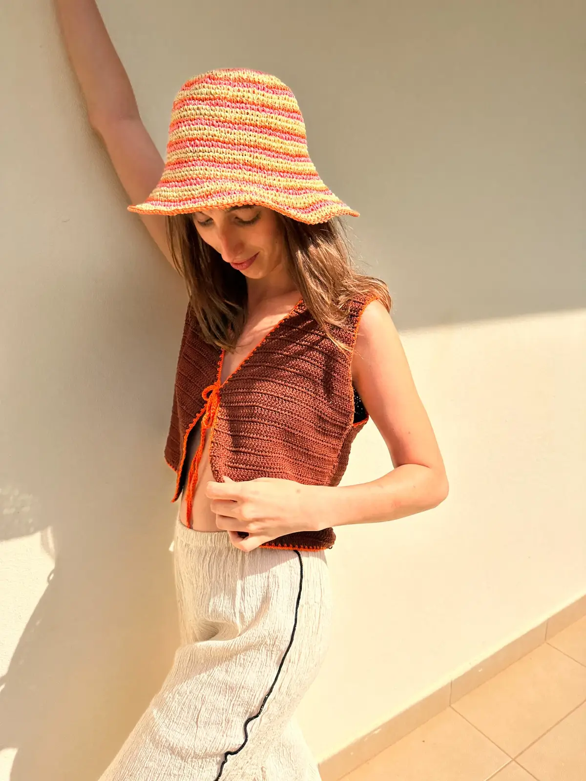 Pink and Orange Striped Raffia Hat