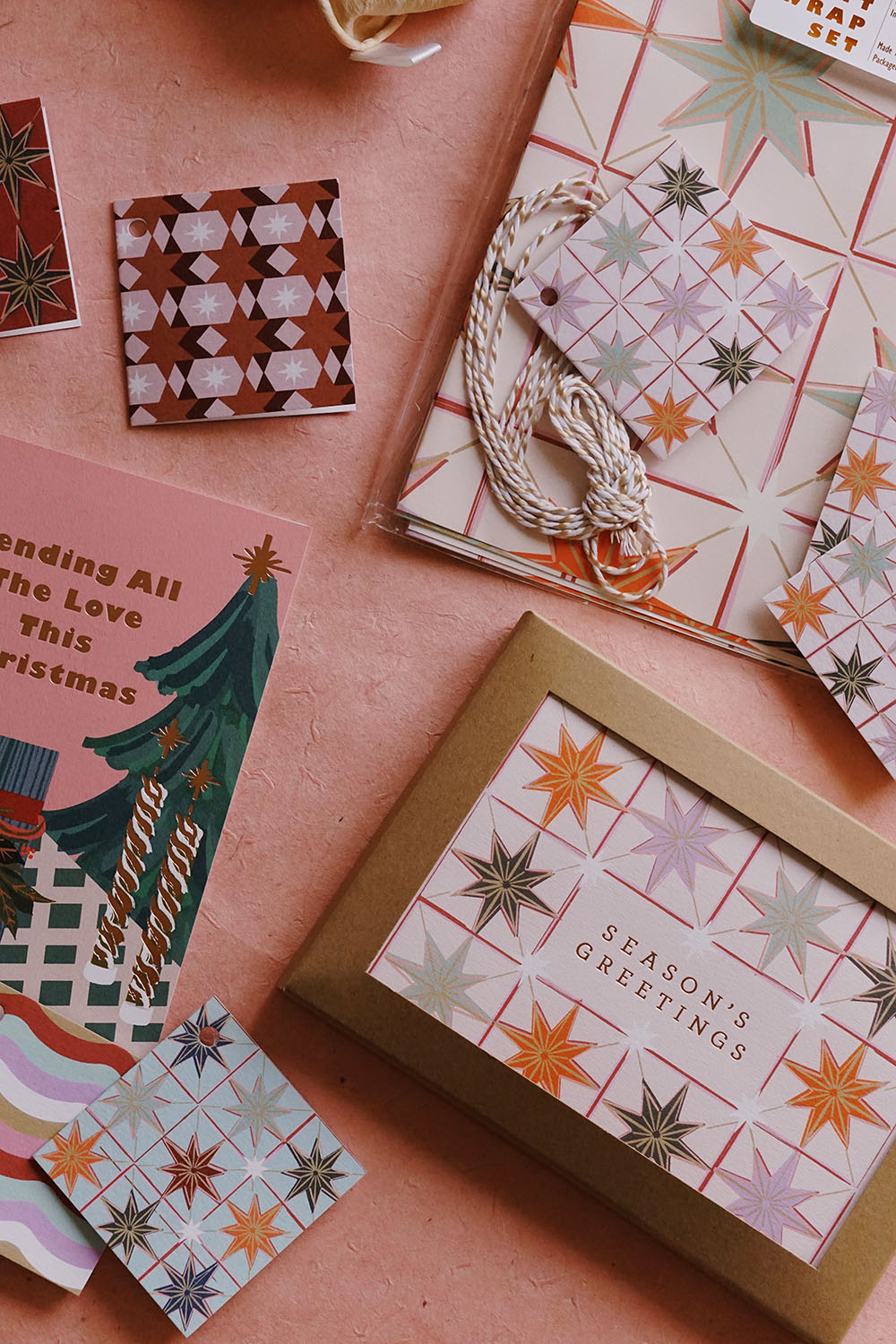 where to buy eco friendly christmas decor - pink christmas cards "Seasons greetings"