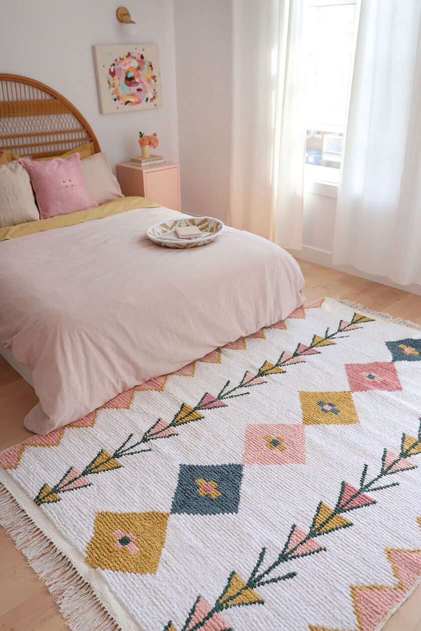 pastel bedroom ideas featuring baba souk rugs