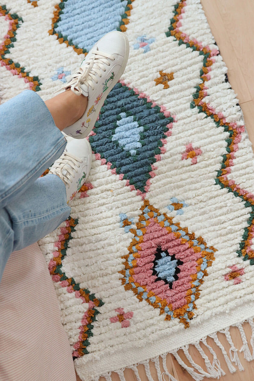 moroccan beni ourain rug with pink and blue diamonds