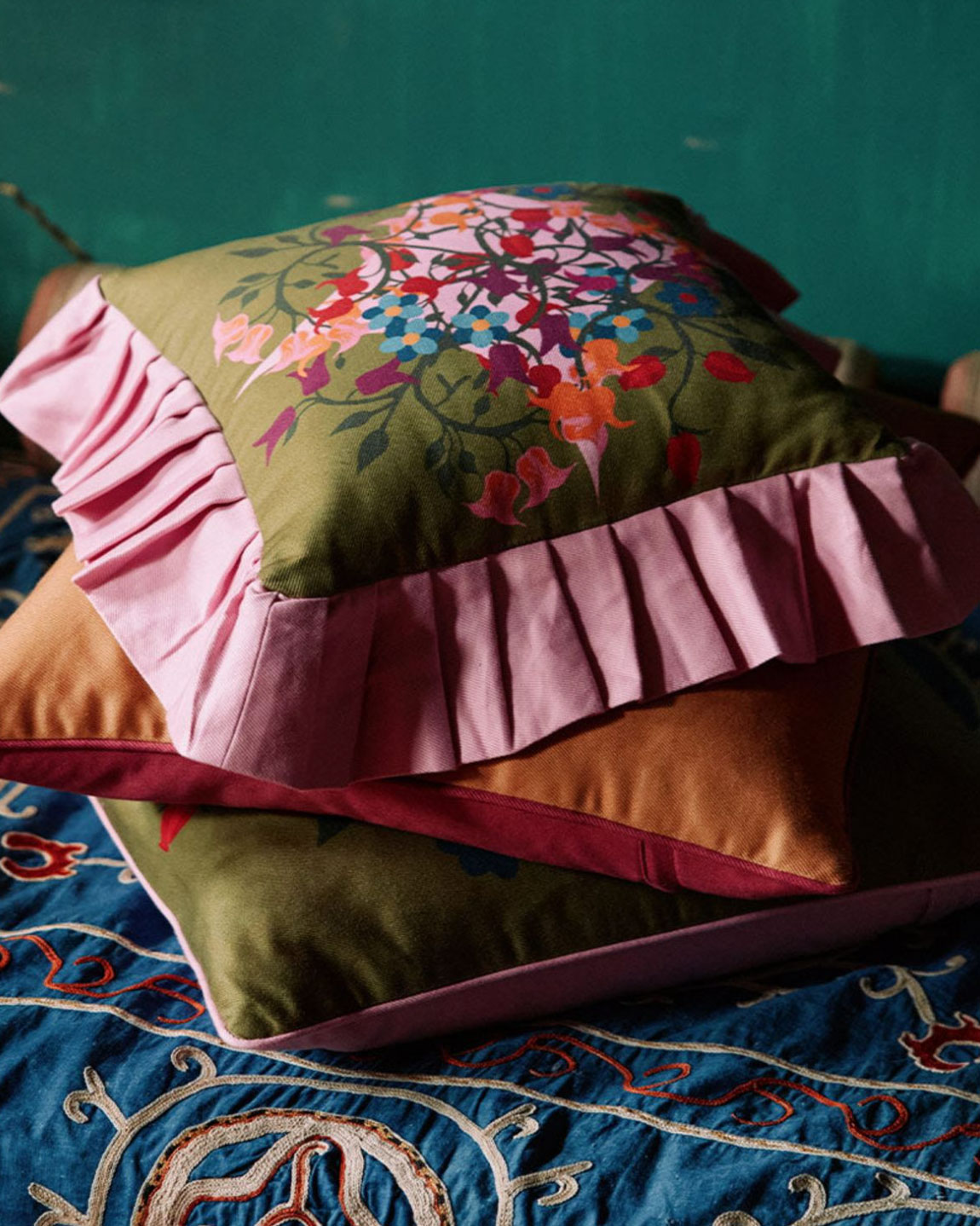 luxe pink and green floral ruffle pillow by sophie williamson design