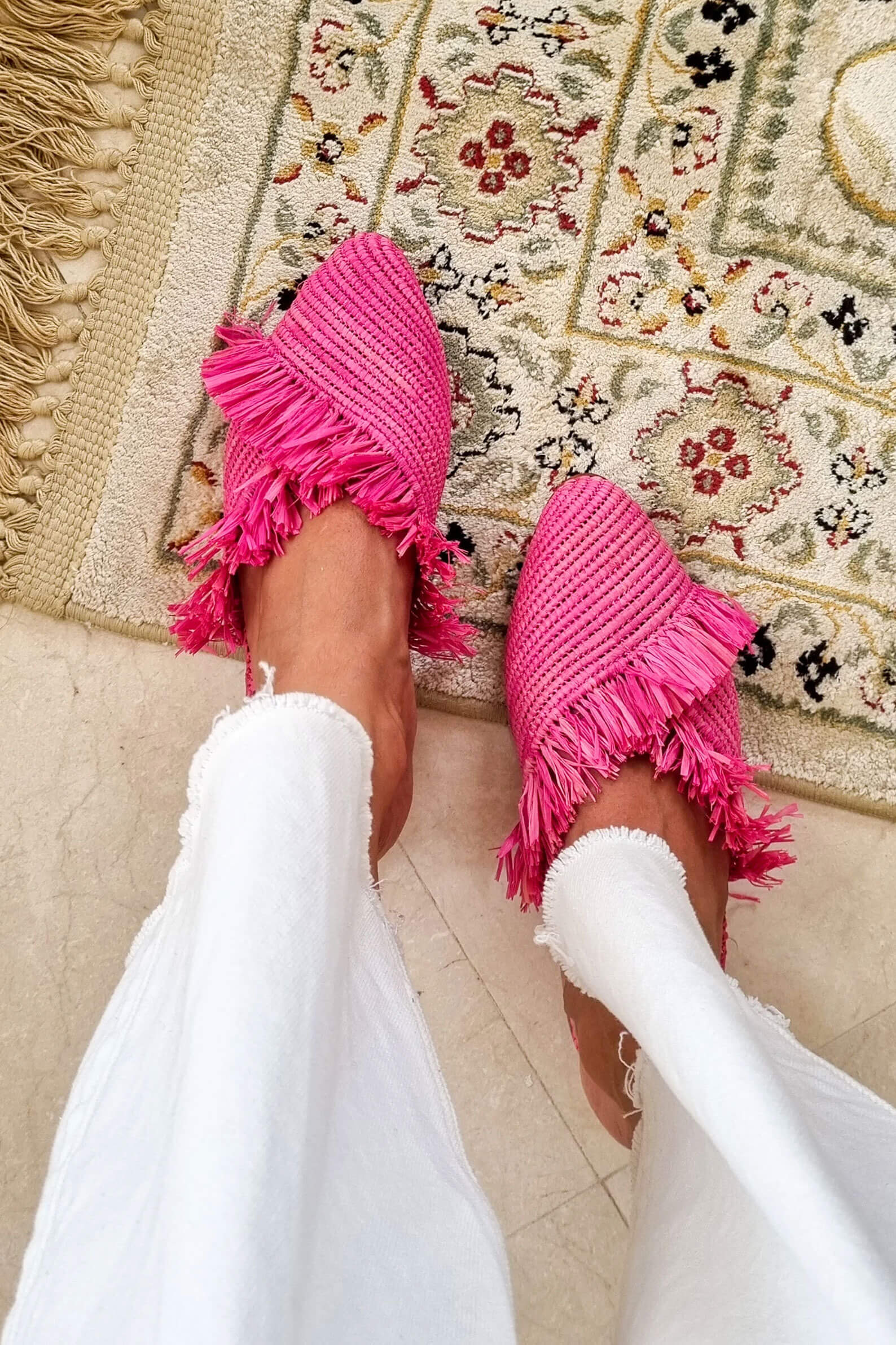 bright pink mules with fringe - raffia handmade shoes from 1000souls on etsy