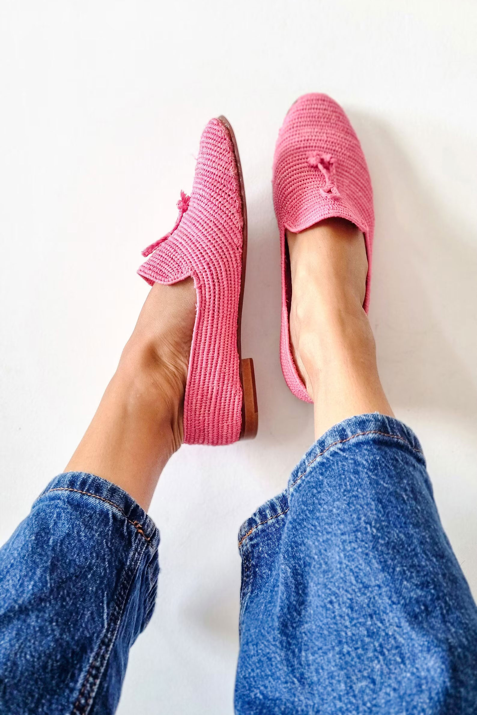 handmade pink raffia loafers by 1000souls on etsy