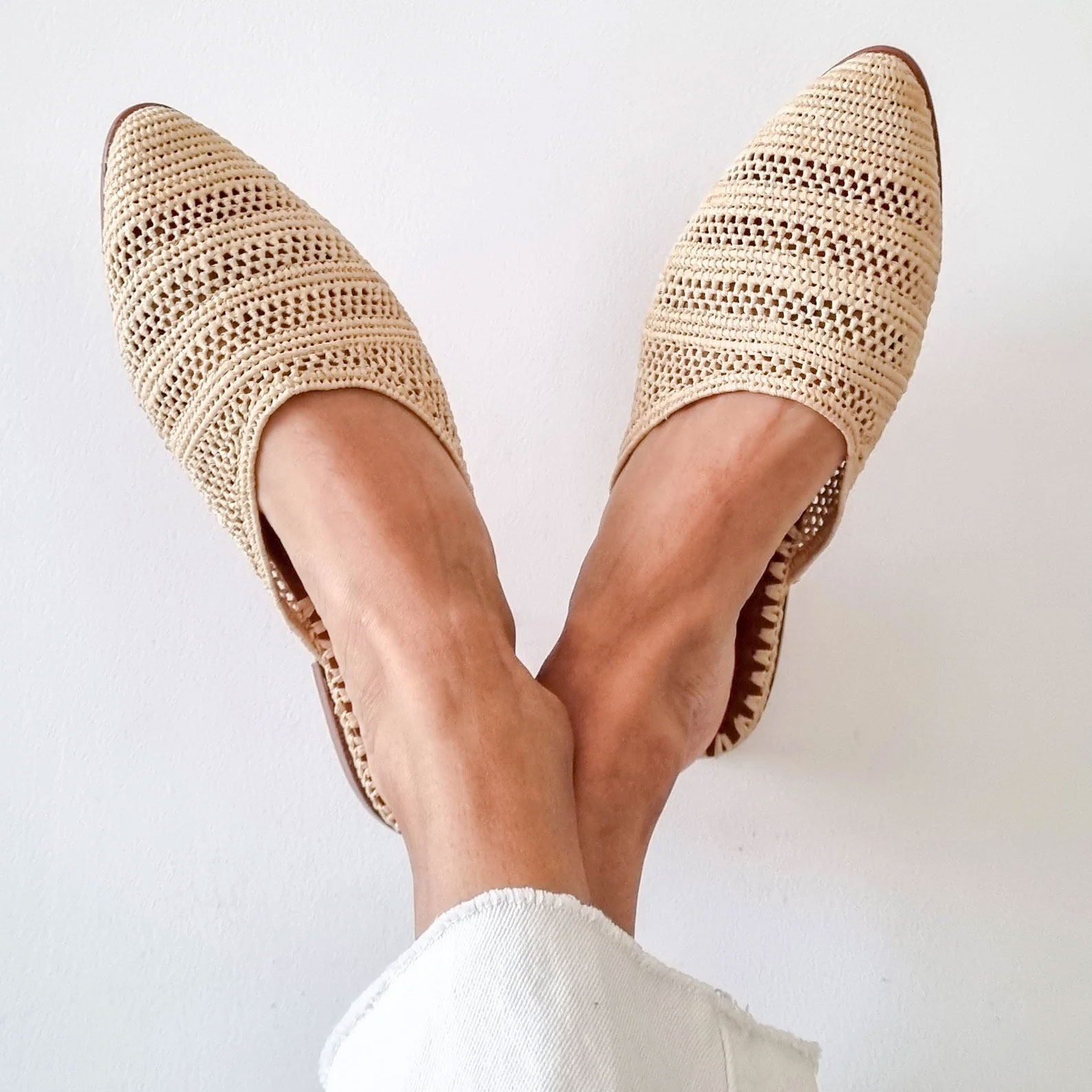 beige raffia flats