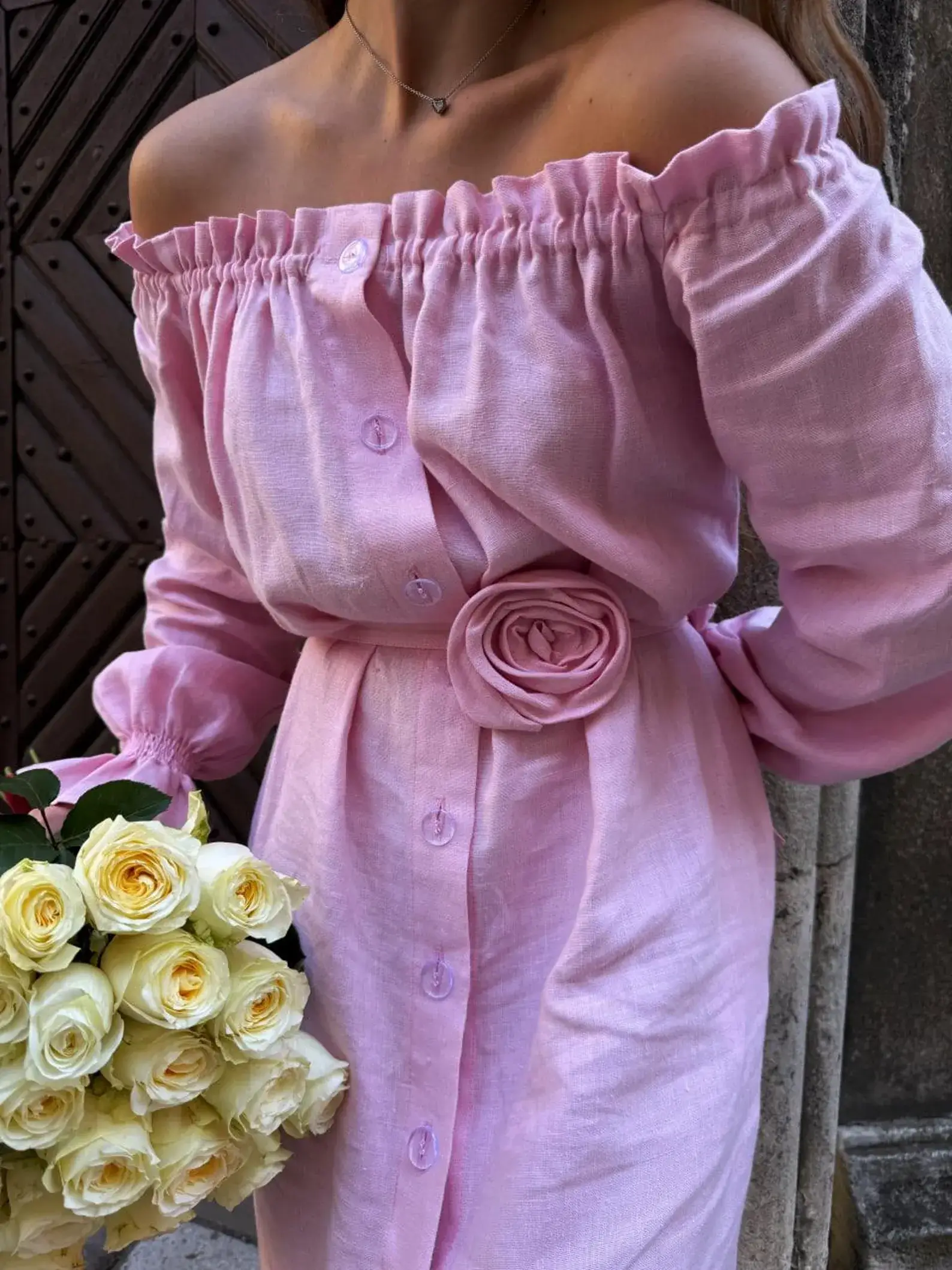 Oversized Linen Dress for Women with Lace Details and Rose Accent Belt, Women's Oversized Summer Linen Dress