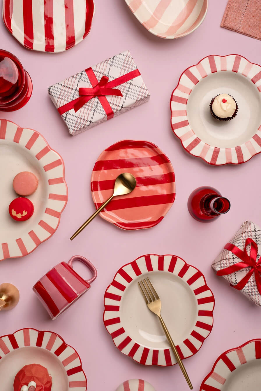 striped pink and red ceramic plates by casa amarosa