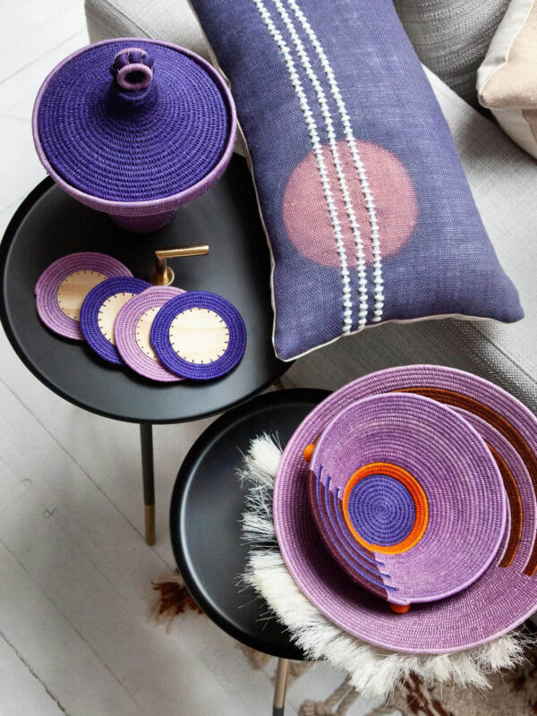 purple woven bowls, pillows & coasters by luxury home decor brand charlie sprout