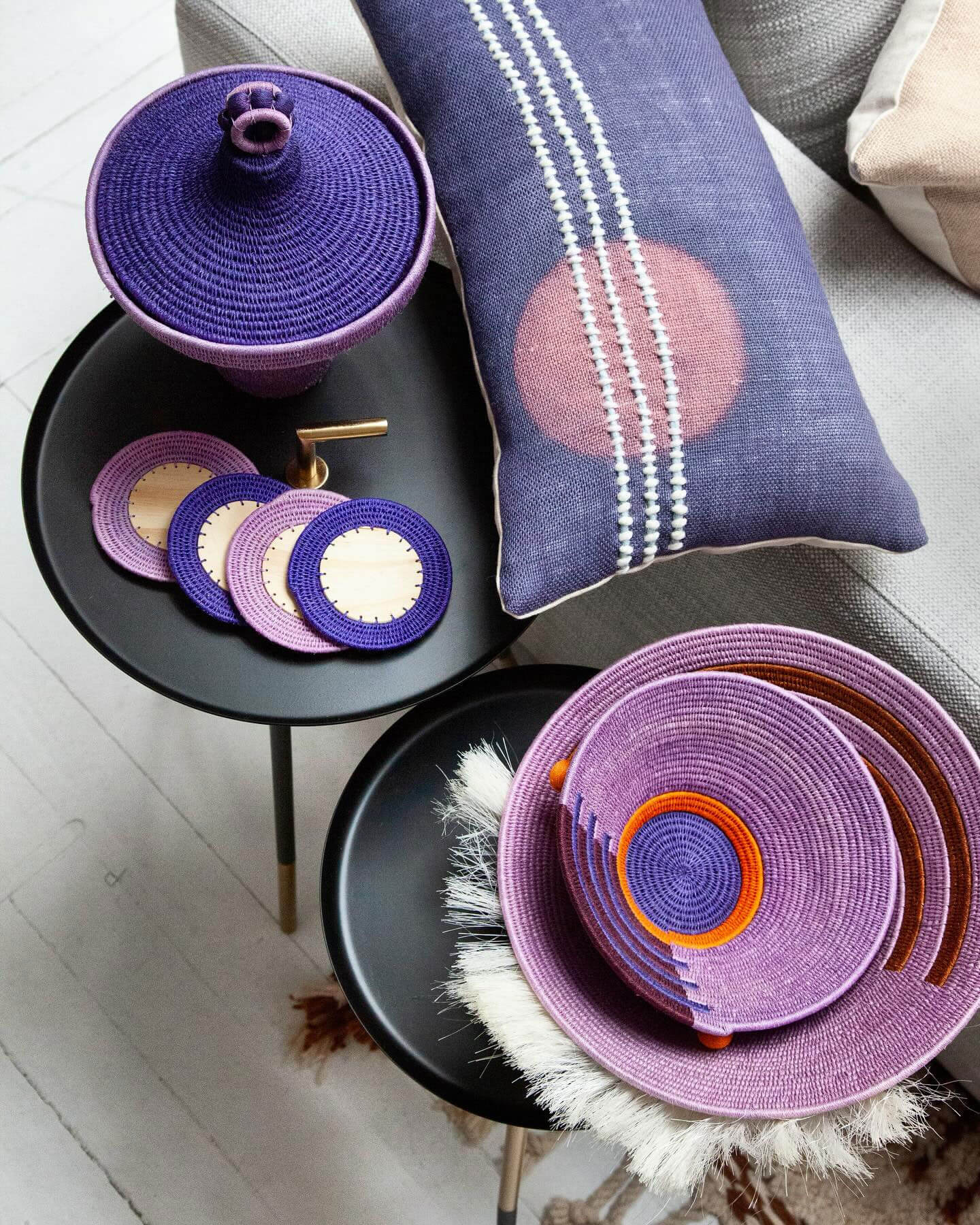 purple woven bowls, pillows & coasters by luxury home decor brand charlie sprout