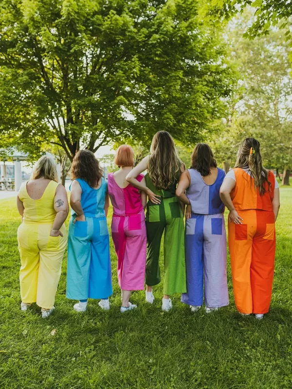 women wearing a rainbow of colorful clothes in custom sizes by sustainable slow fashion brand isabella eve apparel
