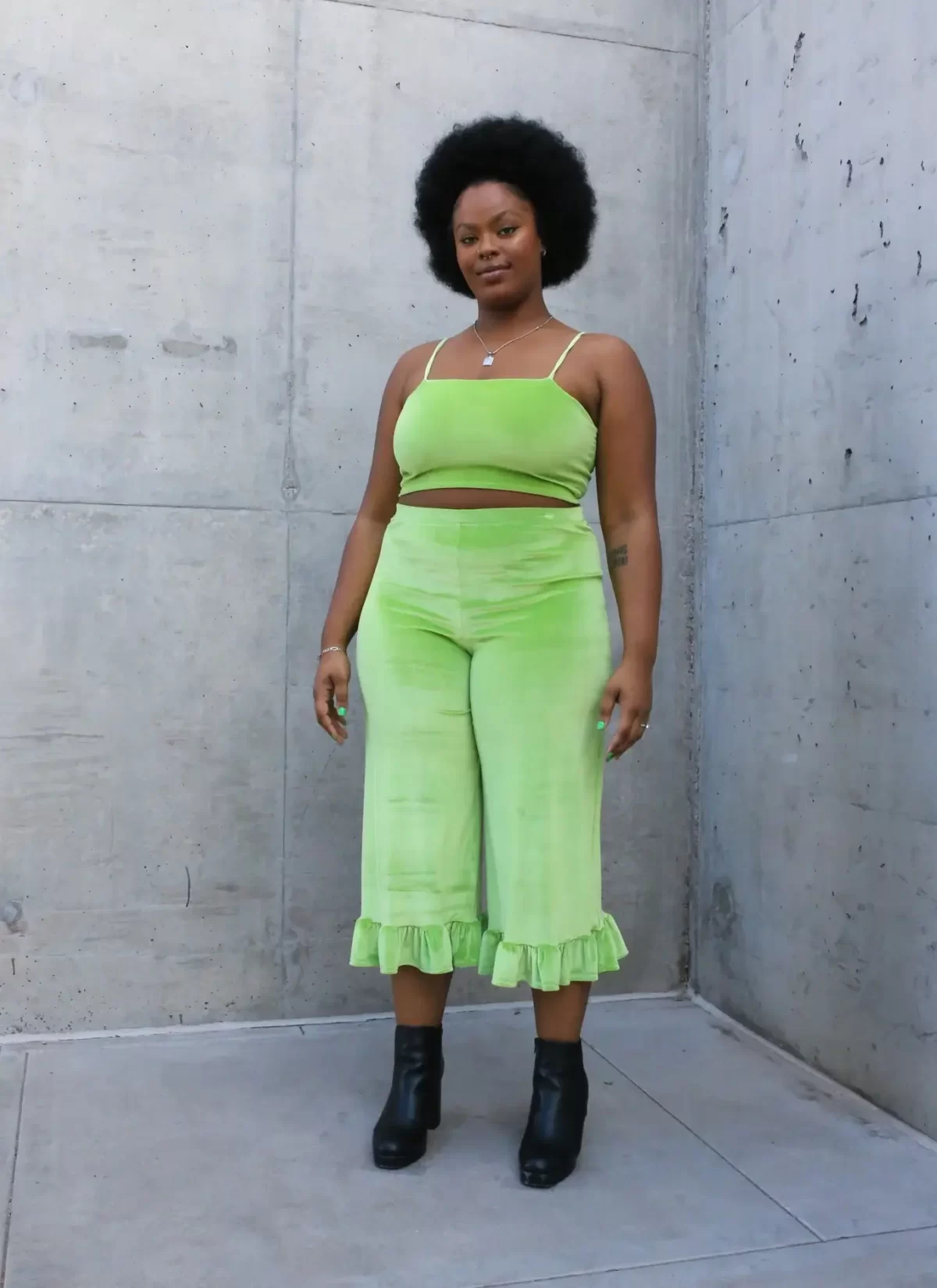 custom sizing green velvet top and ruffle pants set luna by ks garner slow fashion brand