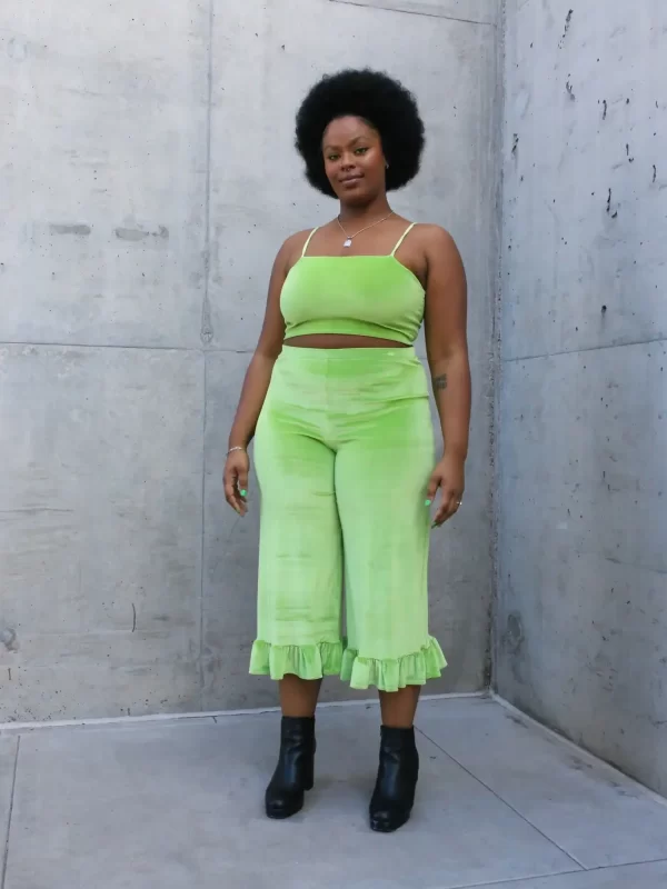 custom sizing green velvet top and ruffle pants set luna by ks garner slow fashion brand