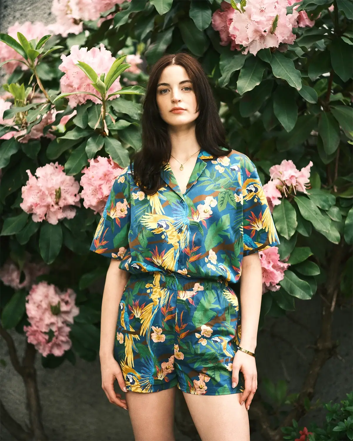 tropical animal print shirt and short set for women