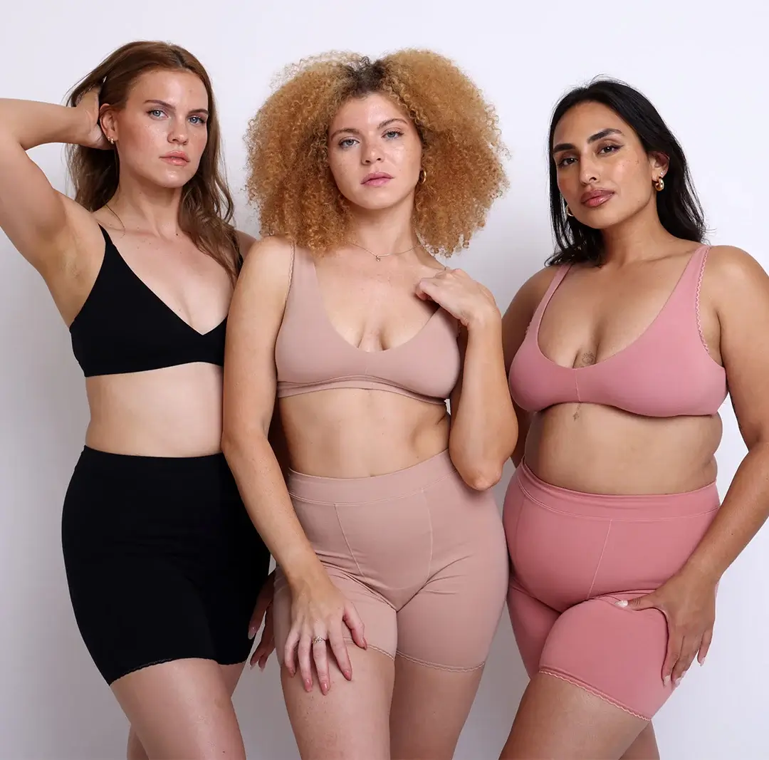 3 models wearing organic cotton underwear & bra from La Coochie size inclusive underwear