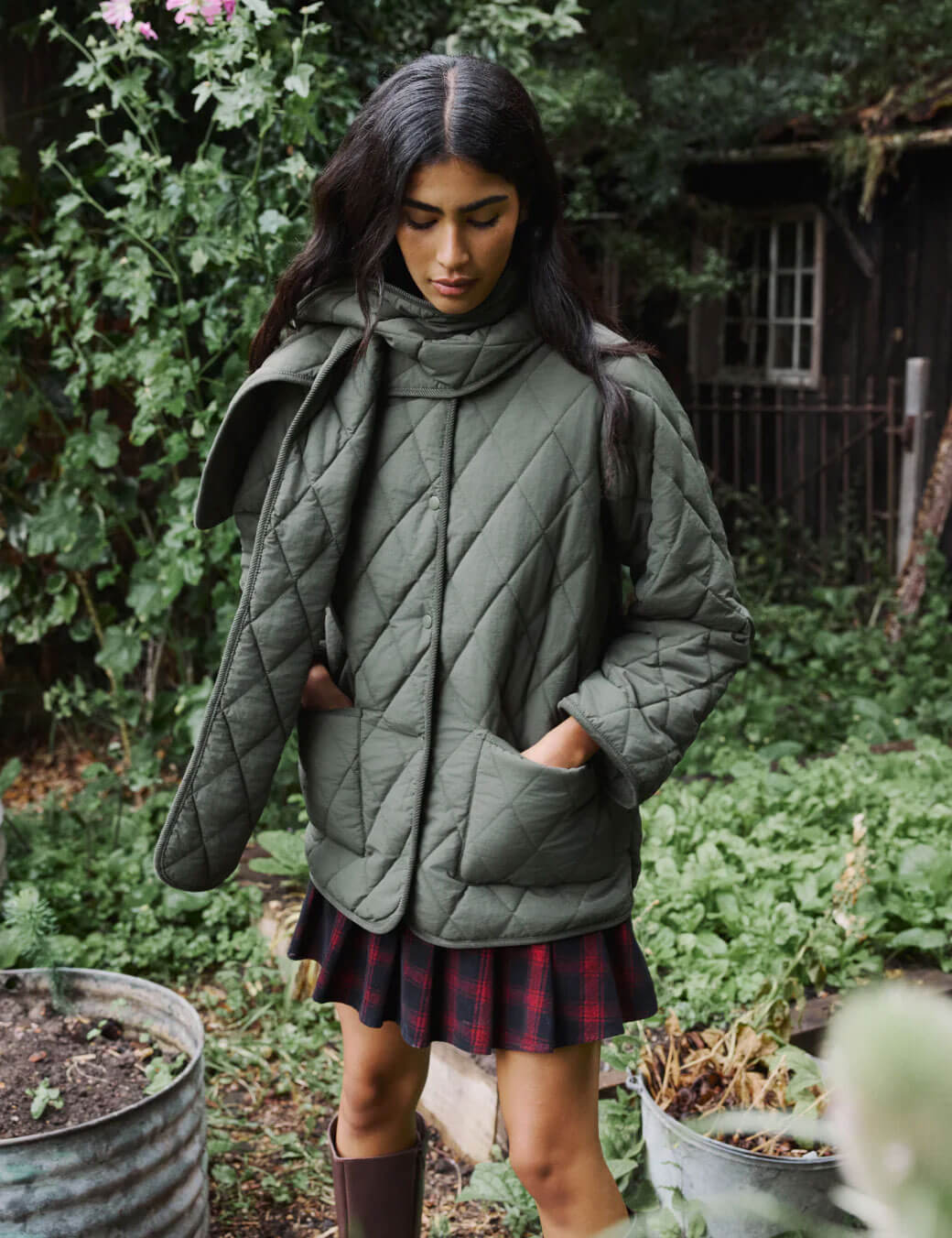 Khaki Quilted Detachable Scarf Coat from Nobody's Child Sustainable Fashion