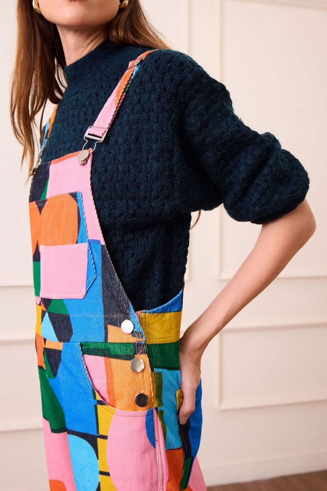 Cord overalls with geometric colorful print by size inclusive fashion brand Wild & Pree
