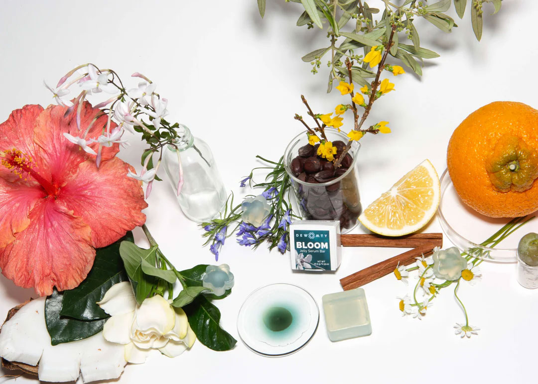 flatlay of dew mighty refillable plastic free skincare products