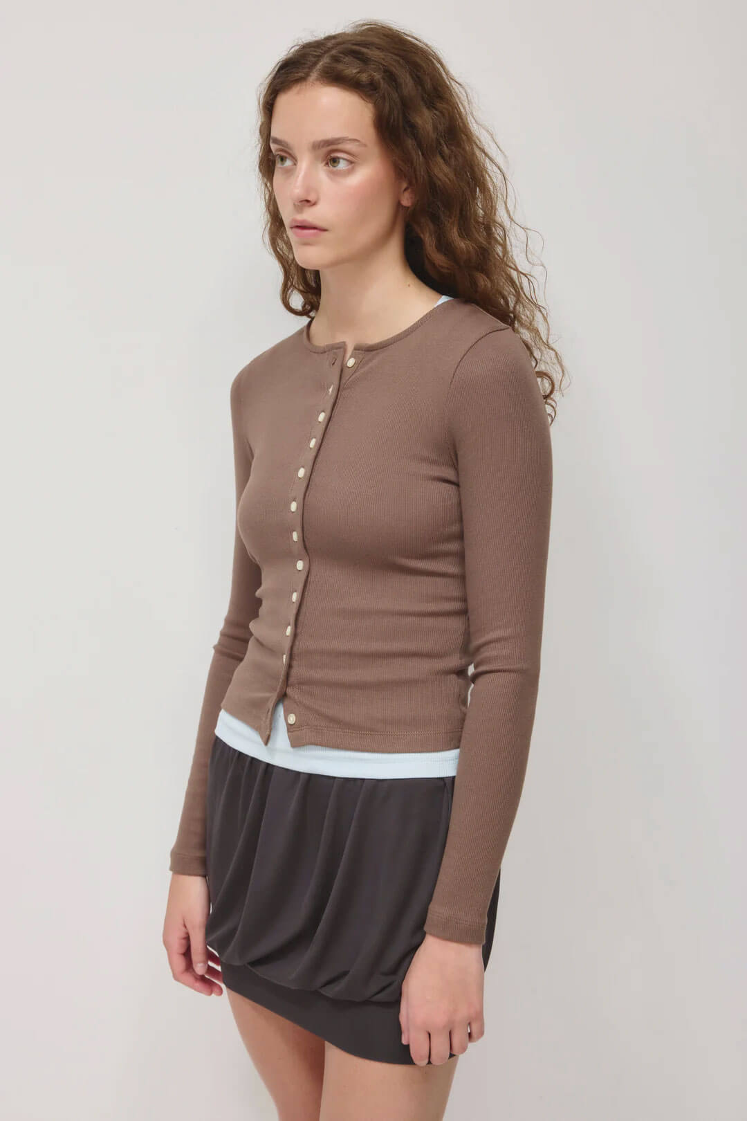 Taupe women's cardigan by Kotn a brand like Everlane but ethical