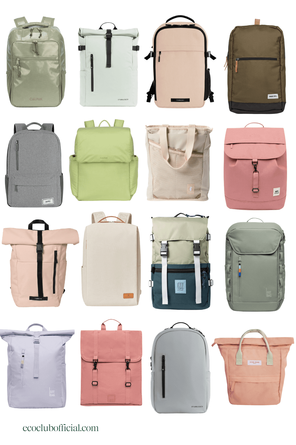 Collage featuring sustainable backpacks by different recycled and eco brands