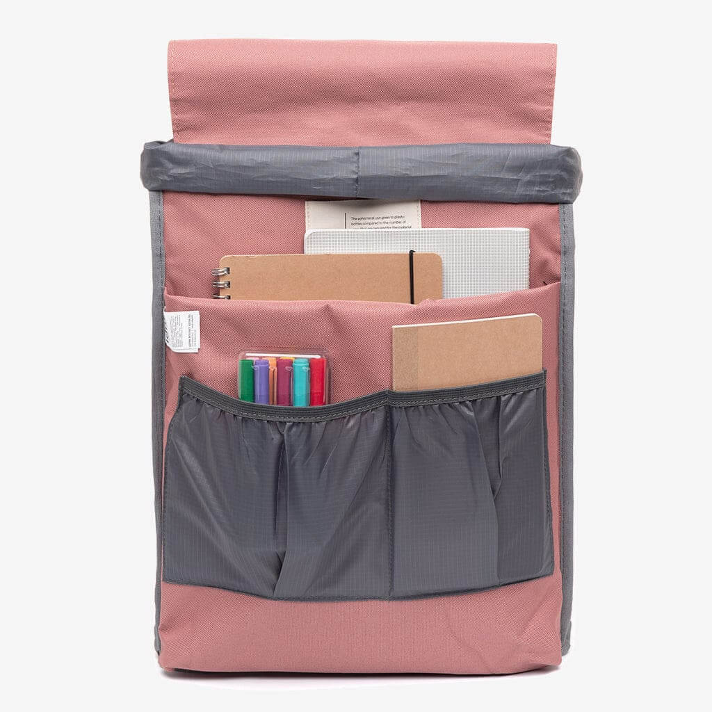 Inside pockets of pink sustainable backpack by Lefrik